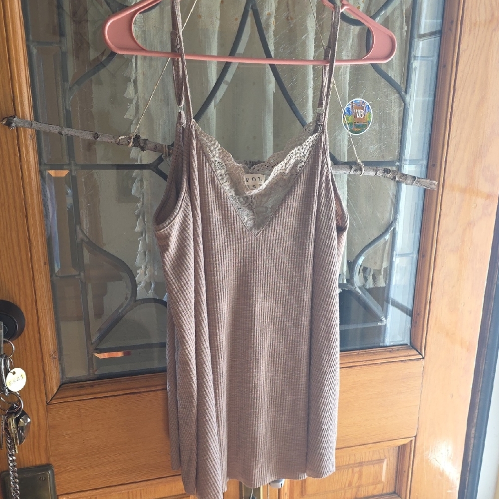 POL Lace Trim Ribbed Tank Top